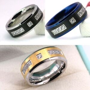 NWT-Black,Blue or Gold Plated AAA CZ Matte 8mm Titanium Steel Men’s Wedding Band